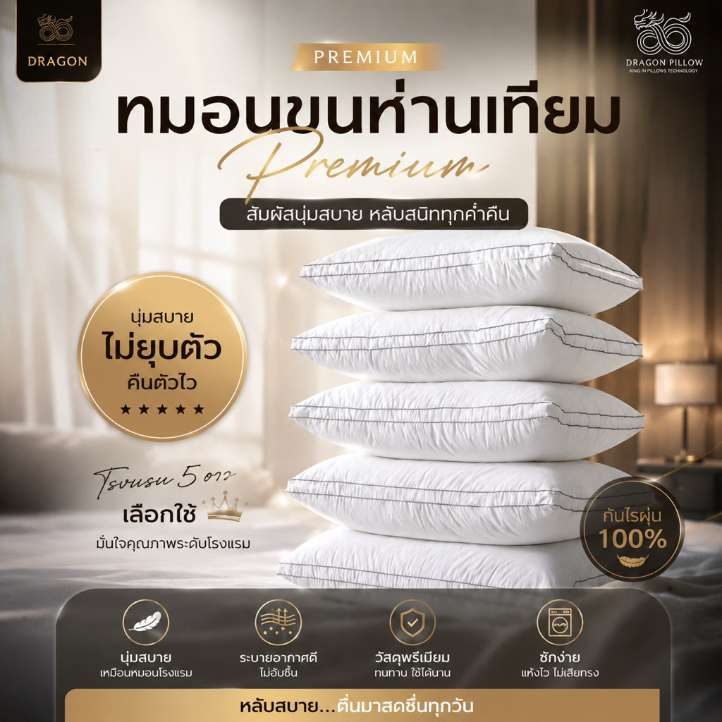 หมอนขนห่านเทียม หมอนโรงแรม 5-6 ดาว ผ้าหุ้มป้องกันไรฝุ่น
