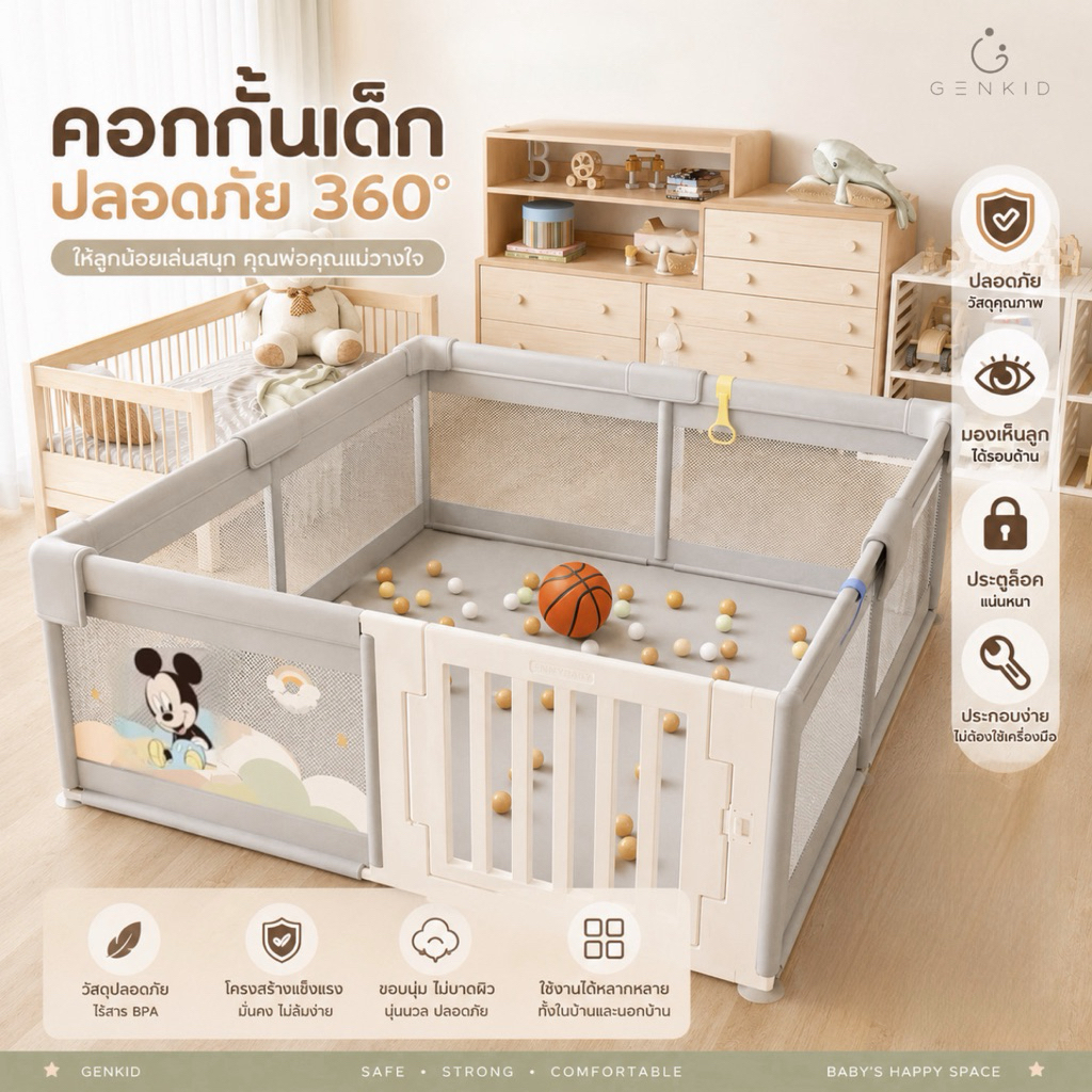 คอกกั้นเด็ก 6 ฟุต มีประตู เปิดเข้าออกง่าย คอกเด็กกันล้ม ตาข่ายรอบด้าน