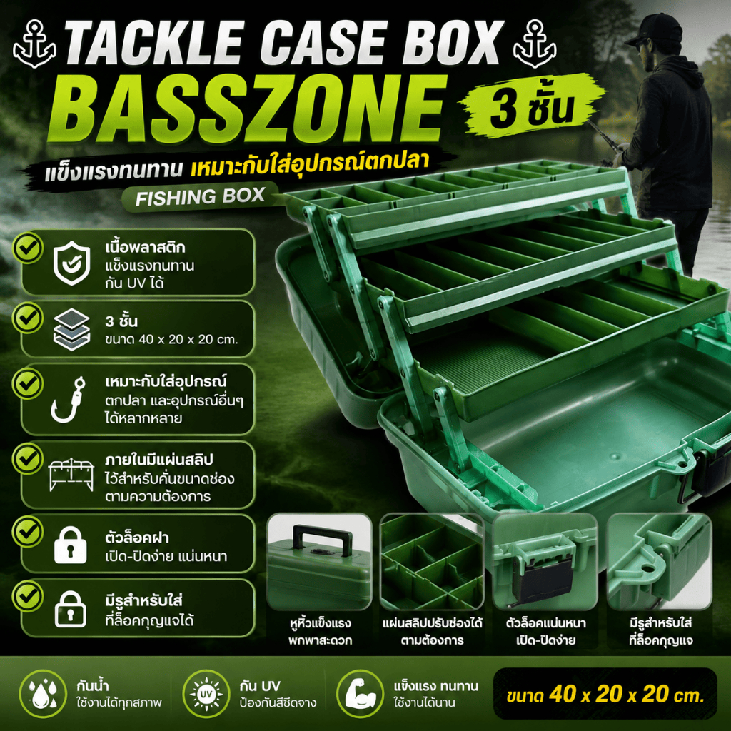 [ ของแท้ ]  กล่องใส่อุปกรณ์ตกปลา TACKLE CASE BOX BASSZONE 3 ชั้น แข็งแรงทนทาน เหมาะกับใส่อุปกรณ์ตกปลา Fishing Box