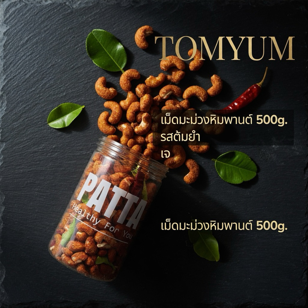 เม็ดมะม่วงอบต้มยำ [มี อ.ย.]  ตราPatta อบต้มยำ 500 กรัมพร้อมทาน!! เม็ดมะม่วงหิมพานต์