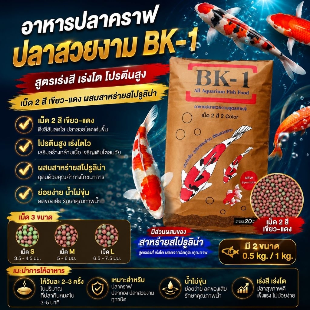 อาหารปลาคราฟ ปลาสวยงาม BK-1 แบ่งขาย 0.5 kg และ 1 kg ราคาถูก
