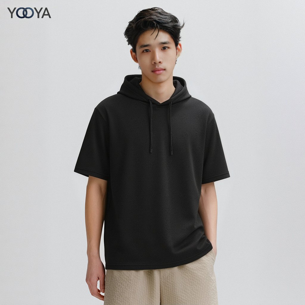 YOOYA เสื้อhoodedแขนสั้นแฟชั่นสไตล์เกาหลี มินิมอล ไม่จำกัดเพศ แฟชั่นยอดฮิต ทรงสวย
