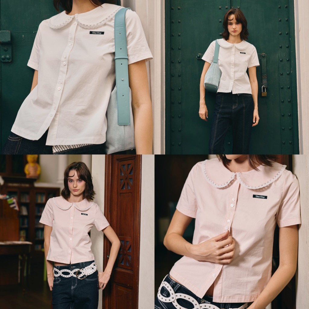 [พร้อมส่ง]CHUUCHOP - (S-4XL) Khloe Shirt เสื้อเชิ้ตคอบัว ดีเทลแต่งลูกไม้ ผ้าCotton โทนสีสุภาพ เบสิก (C8572)