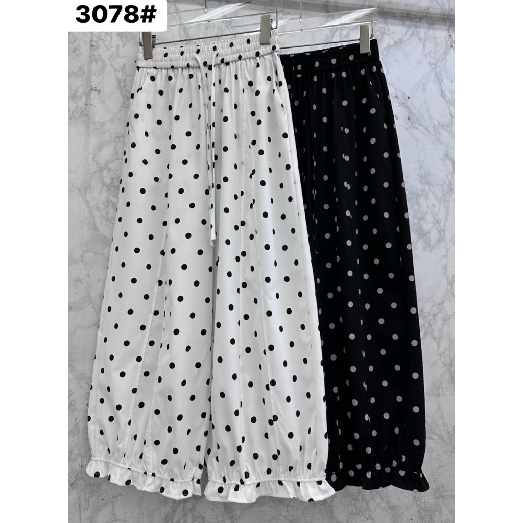 🚨 3078 **ไม่มีส่งด่วน** งานป้ายอินทุอร กางเกงขายาว ลายจุด polka dots ดีเทลแต่งระบายที่ปลายขา