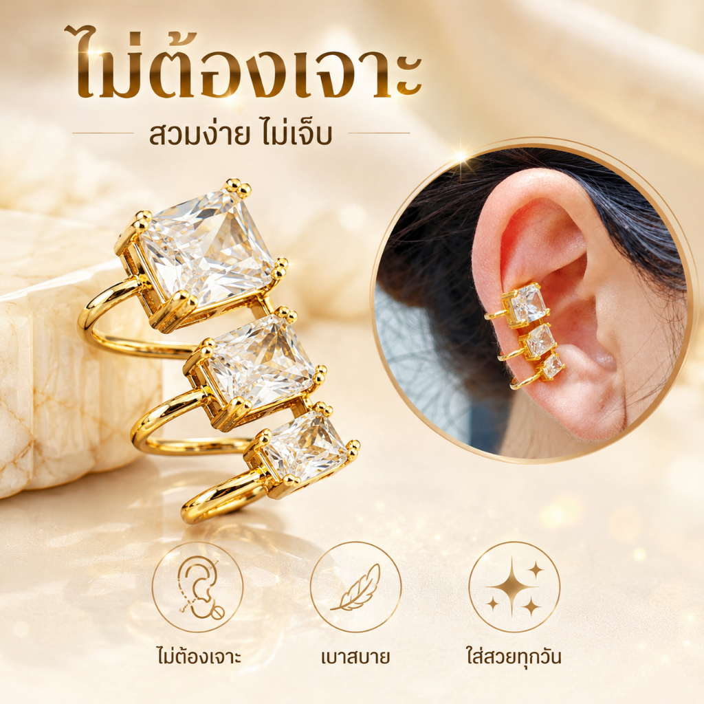 【COD】ประดับเพชรตั่งหู Ear Cuff เปิดกว้างตั่งหู 18kชุบทองวิ ต่างหูแฟชั่น หรูหราต่างหู Earring