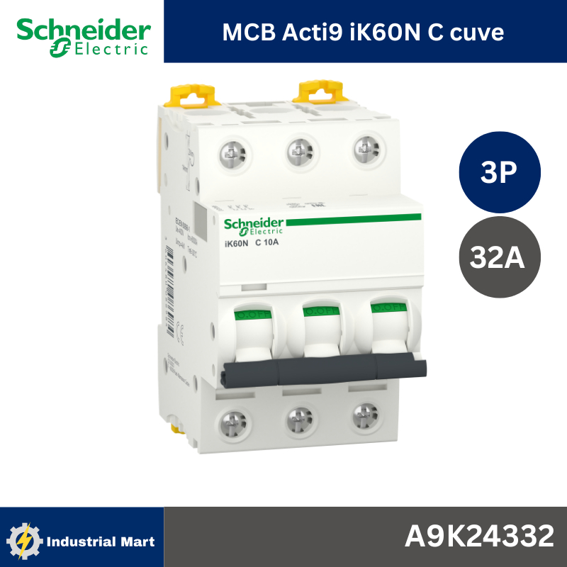 Schneider Electric A9K24332 Miniature circuit breaker, Acti9 iK60N, 3P, 32 A, C curve, 6000 A, 6kA