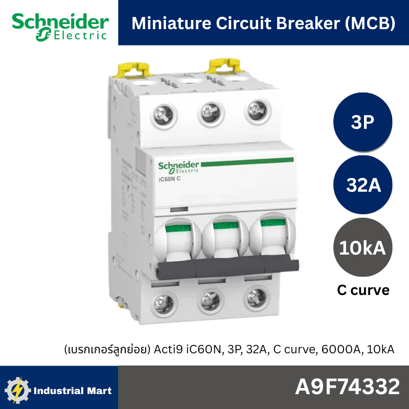 Schneider A9F74332 MCB Acti9 iC60N C-Curve,400VAC,3P 32A 10kA