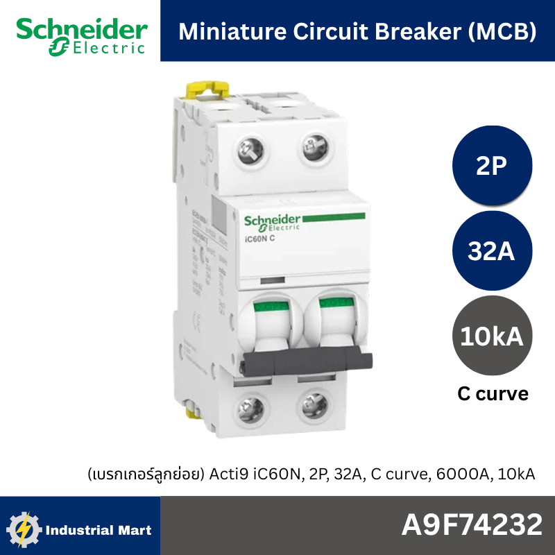 Schneider A9F74232 MCBActi9 iC60N C-Curve,400VAC,2P 32A 10kA