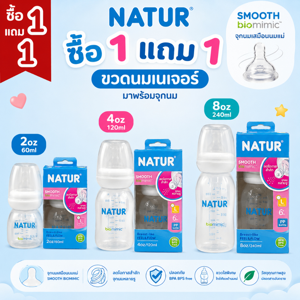 Natur ขวดนม ทุกขนาด  เนเจอร์ รุ่น ยู แฮปปี้ ซื้อ1แถม1 ขนาด 2/4/8 ออนซ์