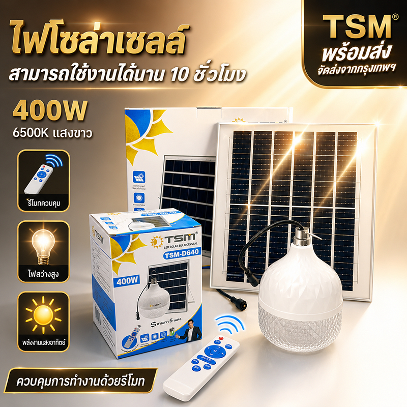 TSM-D640 หลอดไฟโซล่าเซลล์ 400W ทรงไดมอนด์ สว่างตาแตก! กันน้ำ IP67 ปรับได้ 5 โหมด ไฟตุ้มโซล่าเซลล์ ไฟ