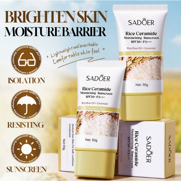 SADOER Rice Ceramide Moisturizing Sunscreen SPF50+ PA+++ ครีมกันแดด (สูตรสารสกัดจากข้าว) ปกป้องผิว ชุ่มชื้น ผิวโกลว์ 50g ราคา ถูกที่สุด ดีลบีเคเค แกลเลอรีภาพที่ 2