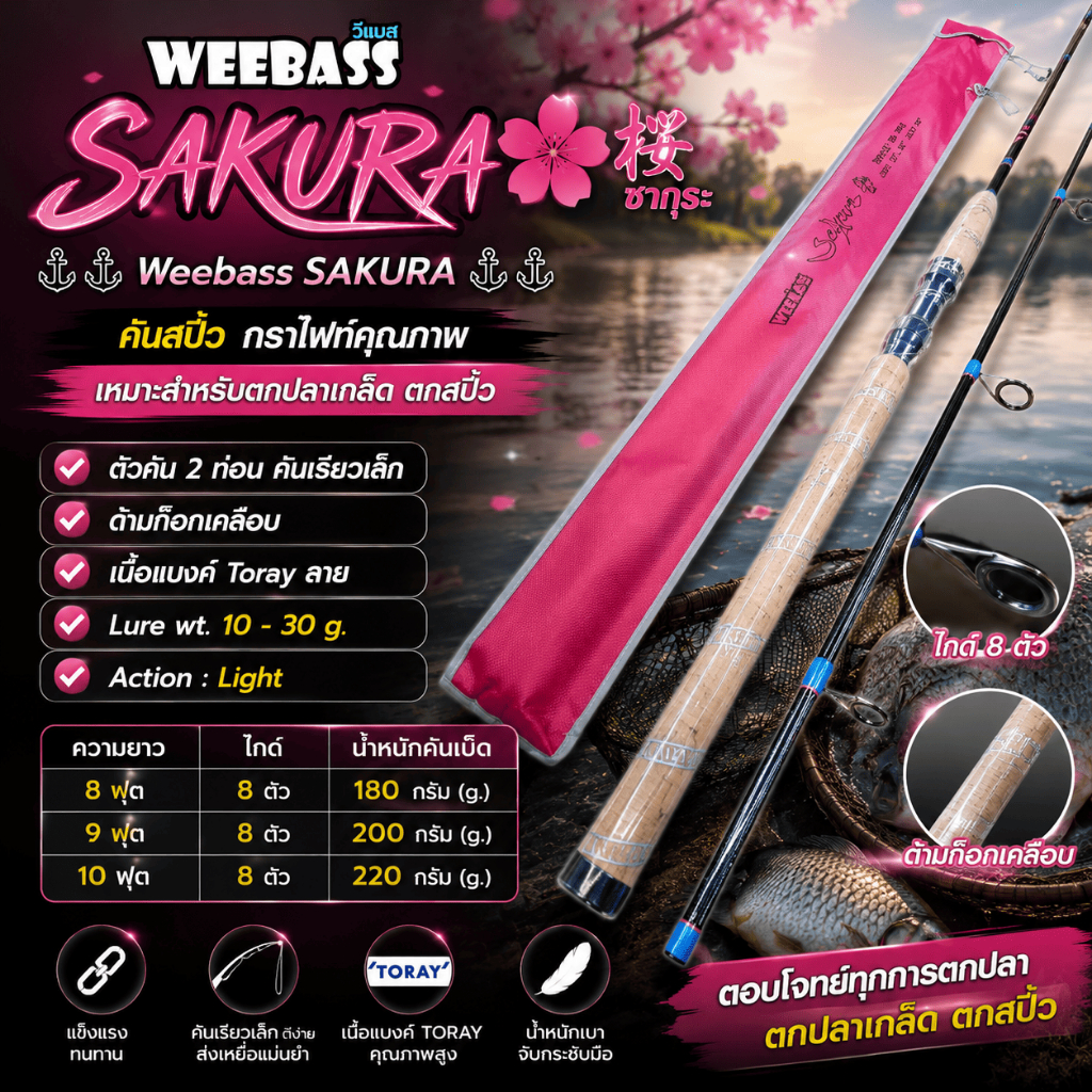 [ ของแท้ ]  คันสปิ๋ว กราไฟท์ Weebass SAKURA ซากุระ ด้ามก๊อกเคลือบ เหมาะสำหรับตกปลาเกล็ด ตกสปิ๋ว Spinning