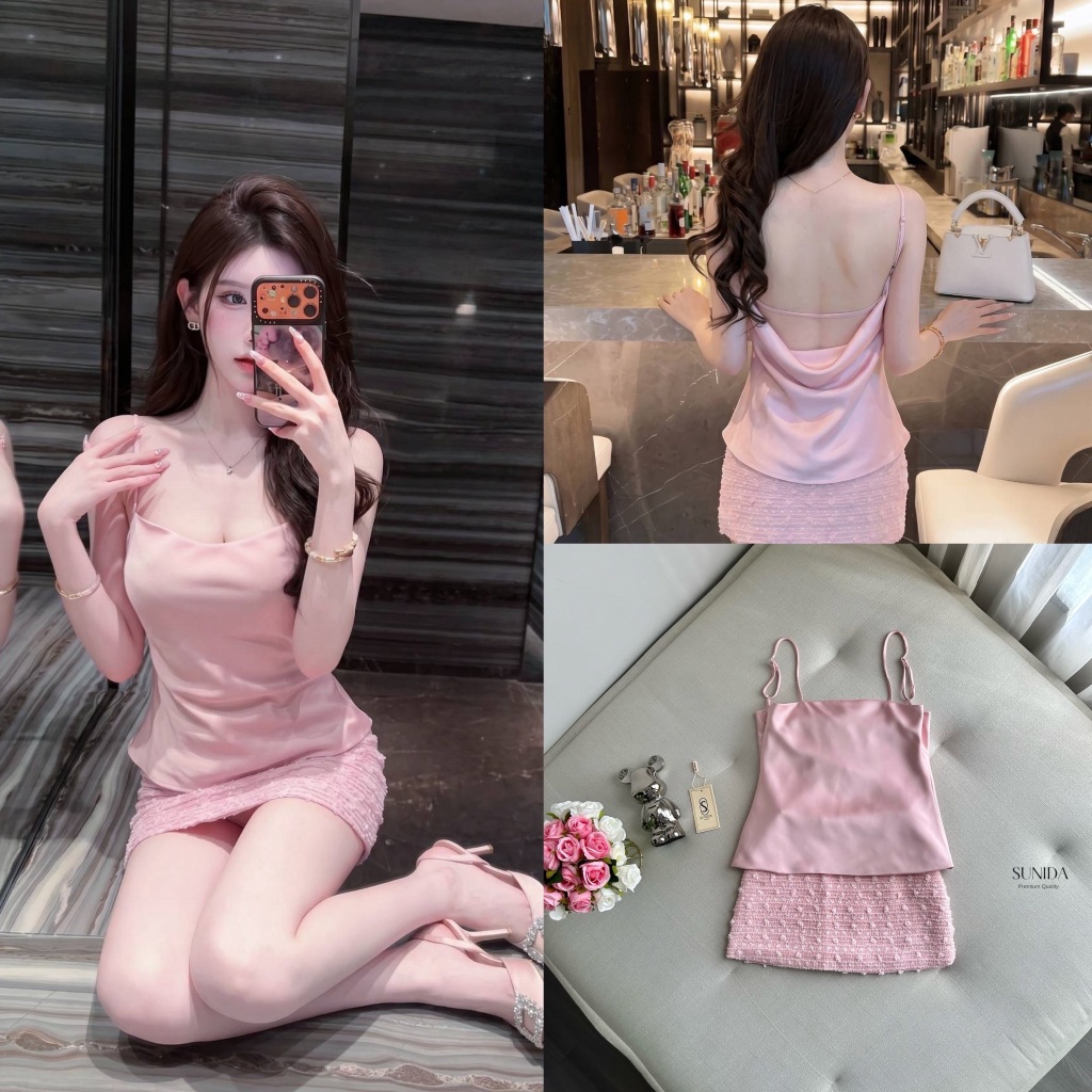 Sunida ชุดเซต2 ชิ้น เสื้อเกาะอกผ้าซาตินสีชมพูใส่เสื้อปรับระดับได้ซับนายเย็บติดทั้งชุดด้านหลังผ้าถ่วงโชว์หลัง