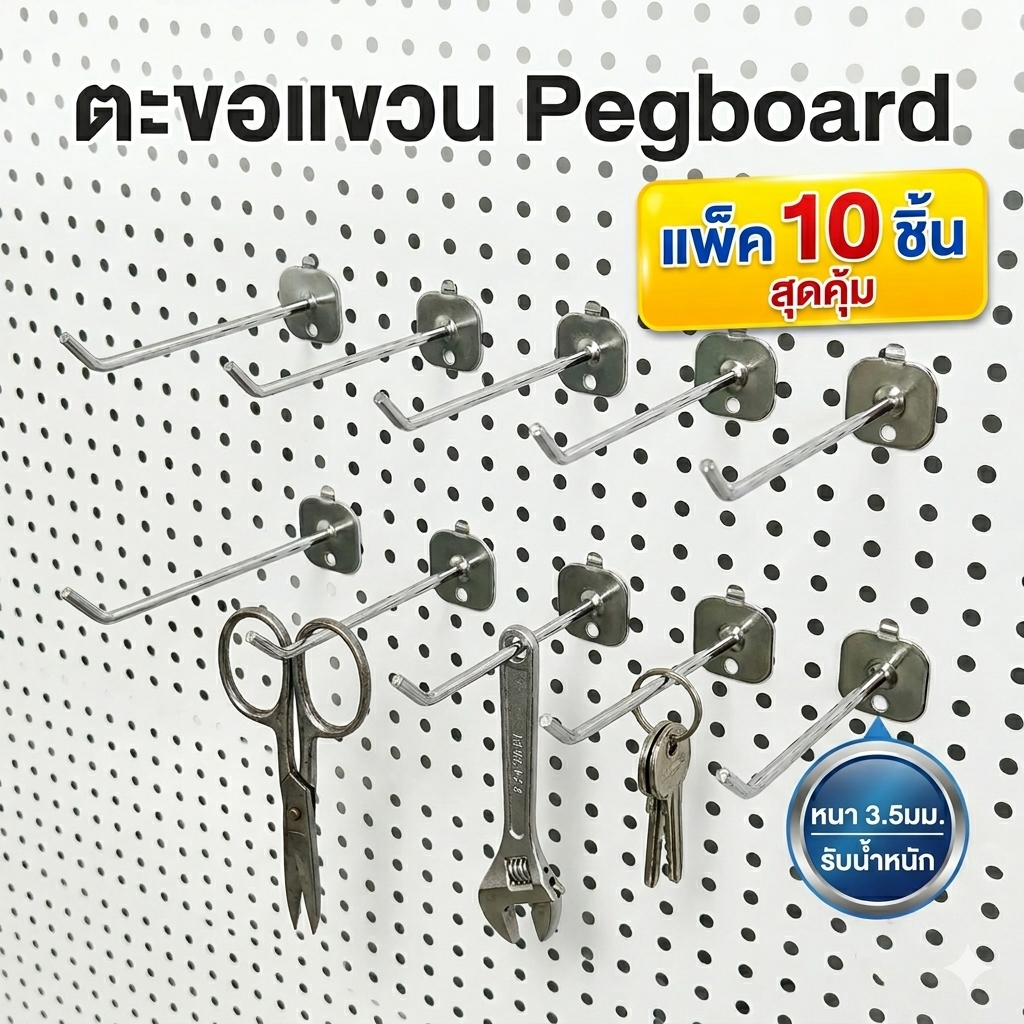 ตะขอแขวน Pegboard แบบเส้นเดี่ยว 15/20ซม หนา3.5มม ฮุคแขวนเครื่องมือ แผงผนังรู แข็งแรง รับน้ำหนักดี