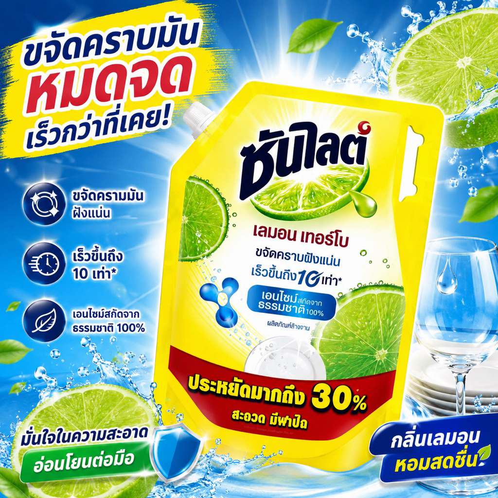 shophome468 ราคา1ถุงซันไลต์ น้ำยาล้างจาน เลมอนเทอร์โบ แบบมีฝาปิด  ขนาด 1850 ml. รับประกันของเเท้