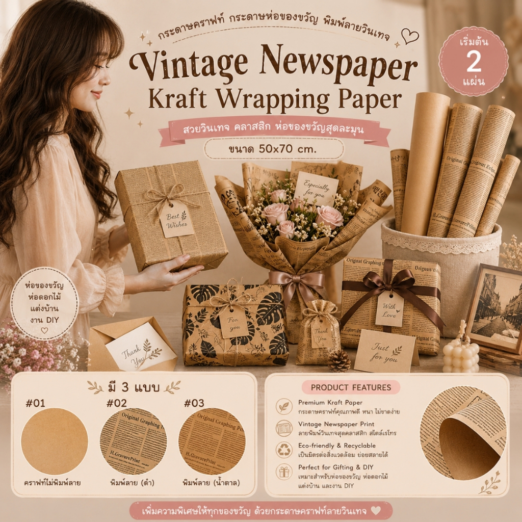 Vintage Newspaper Kraft Wrapping Paper กระดาษคราฟท์ กระดาษห่อของขวัญ พิมพ์ลายวินเทจ ขนาด 50x70 cm.