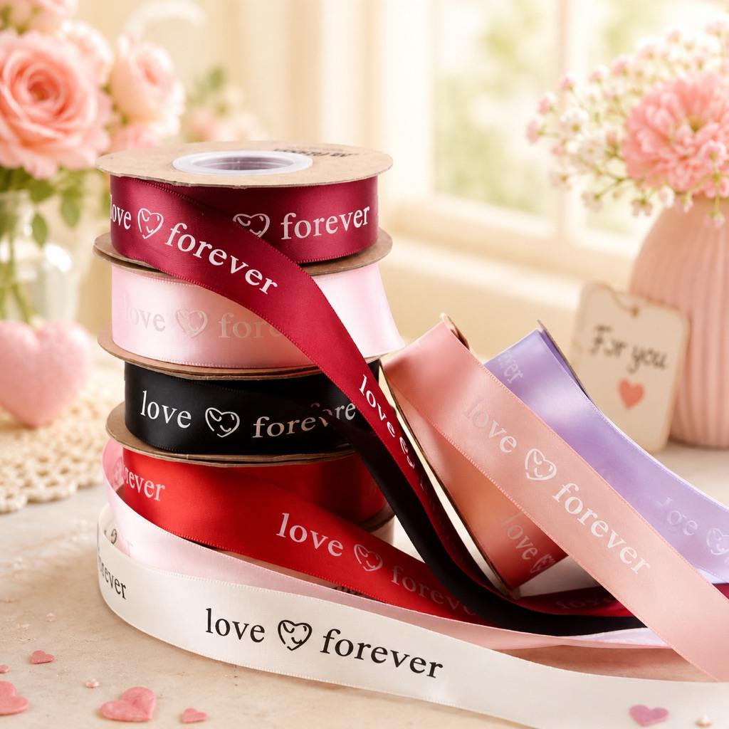 ริบบิ้นวาเลนไทน์ ผ้าซาตินลาย love ❤️ forever กว้าง 2.5 cm ยาว 25 หลา