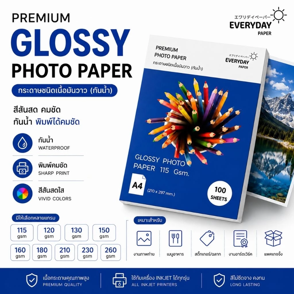 Everyday Paper กระดาษโฟโต้ ผิวมันเงา A4 Glossy Photo Paper กันน้ำ สำหรับเครื่องพิมพ์ INKJET 115-260 แกรม 100 แผ่น