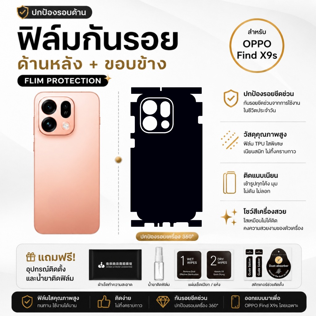 ฟิล์มกันรอยขอบข้าง สำหรับโทรศัพท์รุ่น OPPO Find X9s ฟิล์มหลังและขอบข้าง 1 แถม 1 พร้อมส่ง เก็บปลายทาง