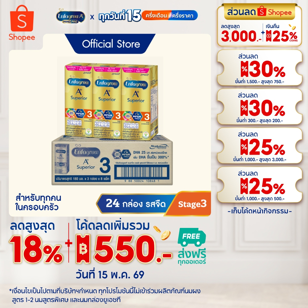 นมกล่อง เอนฟาโกร ยูเอชที ซุพีเรียร์ สูตร3 (24 กล่อง) Enfagrow UHT Superior Stage3 (24 boxes)