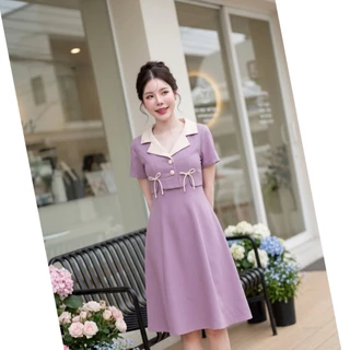 D72 เดรสปกทูโทนแต่งโบว์กระโปรงยาว มีไซส์ S-3XL ความยาว 39-40 นิ้ว