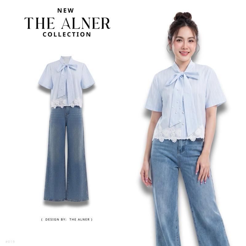 Thealner-AN019 (เซตเสื้อฟ้าลายริ้วคอปกแขนสั้นกางเกงยีนส์ขายาว)