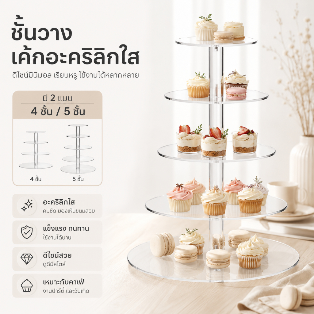 🧁🍰4/5ชั้น ชั้นวางเค้กคัพเค้กอะคริลิค ชั้นวางคัพเค้ก งานเลี้ยงวันเกิด ที่วางเค้กแต่งงาน ล้างถอดออกได้ เหมาะงานเลี้ยงระดั