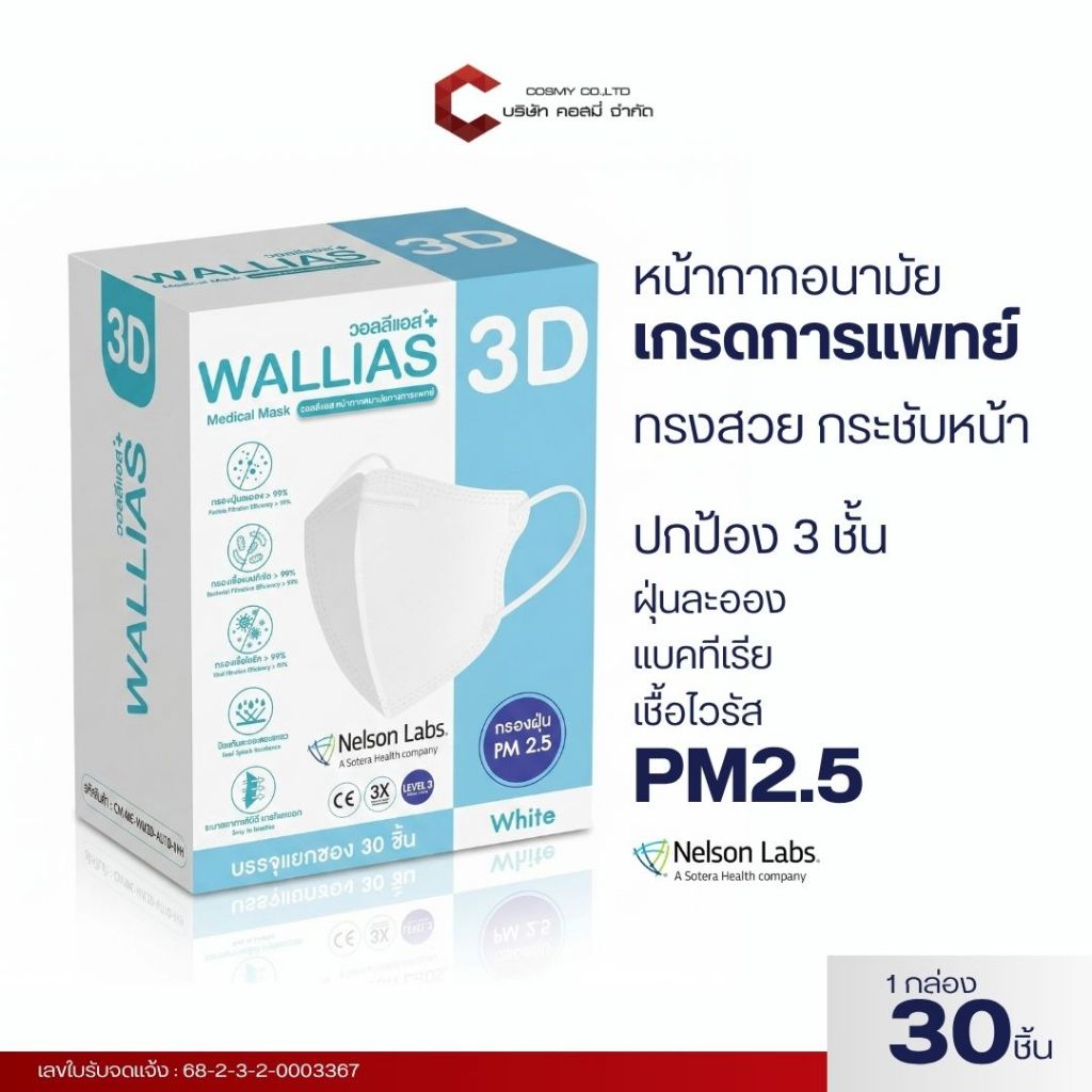 【รุ่น3D】WALLIAS 3D หน้ากากอนามัยทางการแพทย์ ทรงสวย ใส่สบาย Medical Mask แมสก์ 3D ป้องกันฝุ่น PM2.5