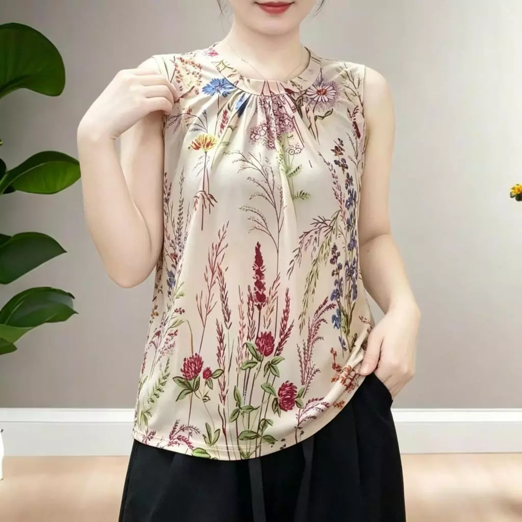 Women's Plus Size Floral Sleeveless Shirt, Casual Round Neck T-Shirt, New Fashionable and Versatile Ice Silk Vest Top
