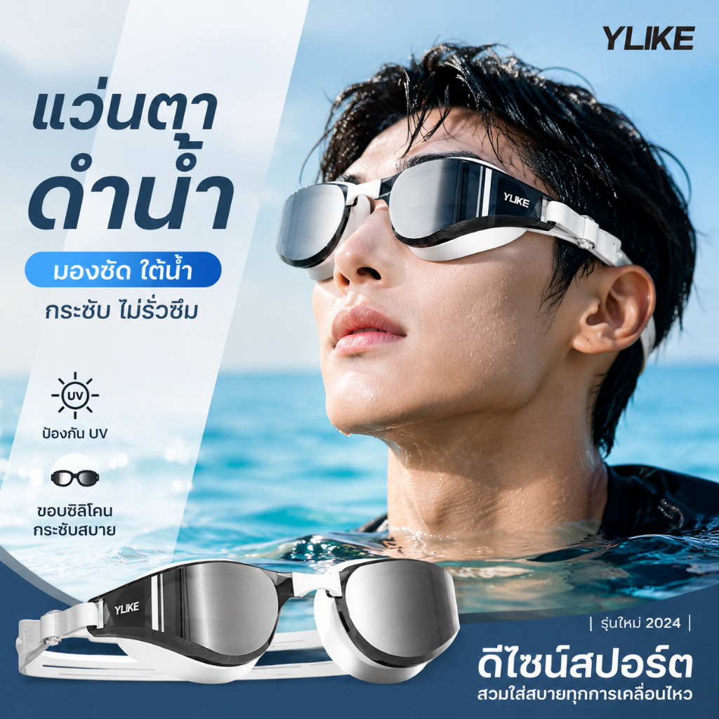 แว่นกันน้ำสำหรับผู้ใหญ่รุ่นใหม่ล่าสุด แผ่นเลนส์แบบเรียบป้องกันฝ้า ป้องกันรังสียูวี มุมมองกว้าง นุ่มสบาย