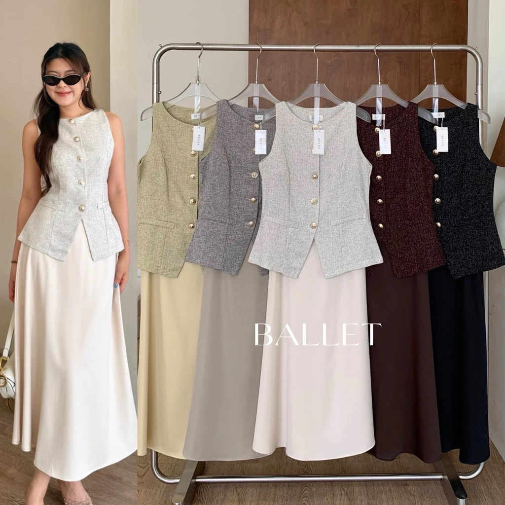 Ballet Set🪴 ชุดเซ็ต เสื้อทวิตพร้อมกระโปรง (ส่งด่วน🚗)เสื้อแขนกุดติดกระดุม มาคู่กับกระโปรงซาตินหนา จับคู่สีมาให้