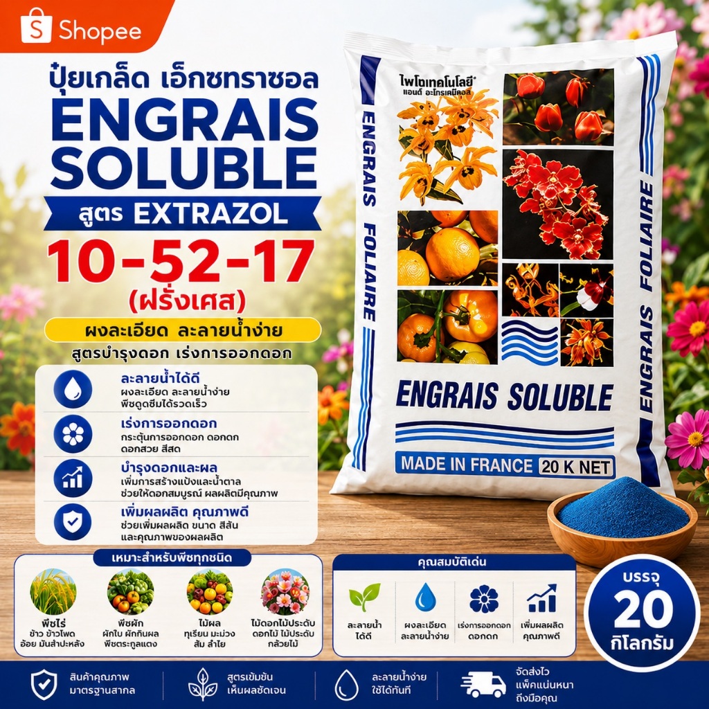 🔥🌸 Extrazol 10-52-17 ปุ๋ยเกล็ดฝรั่งเศส สูตรบำรุงดอก เร่งตาดอก ละลายน้ำ 100% 20กก.