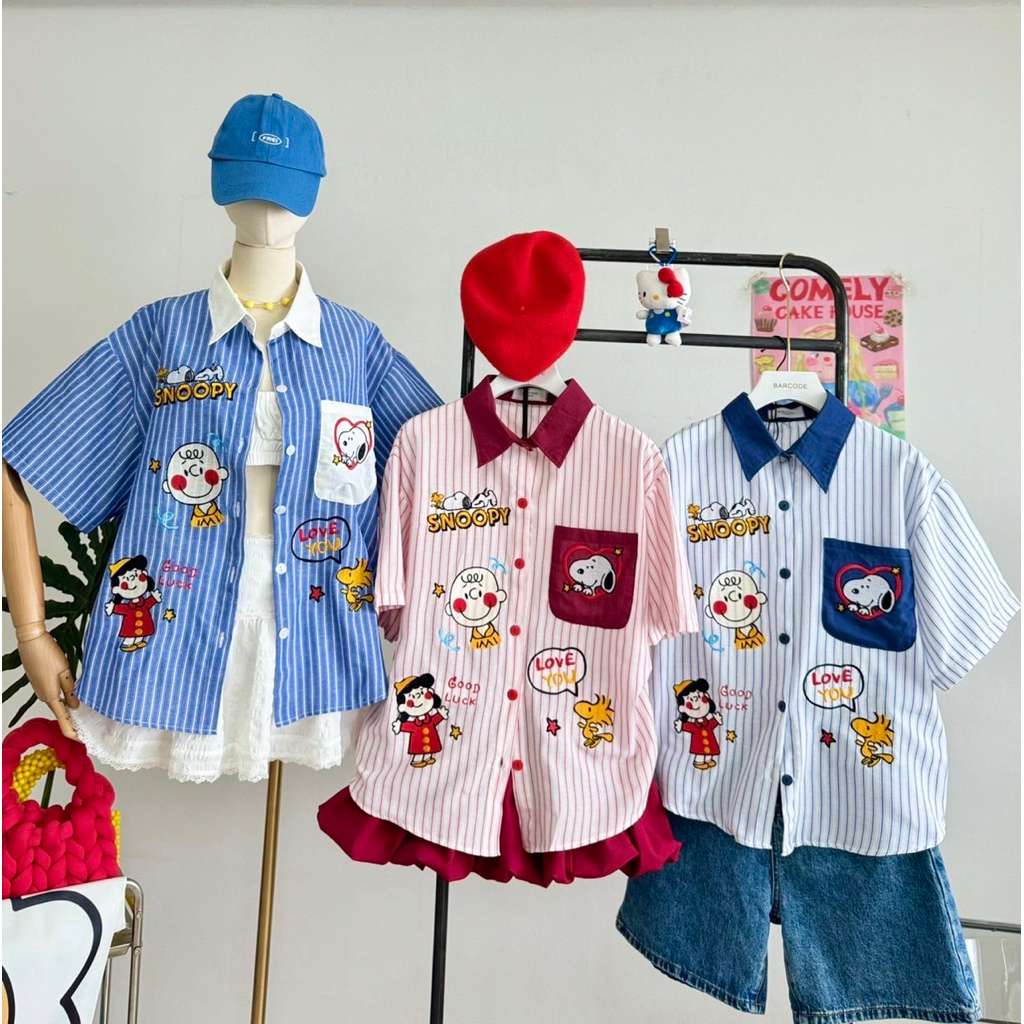 เสื้อเชิร์ตลายริ้วปักลายมี3สี