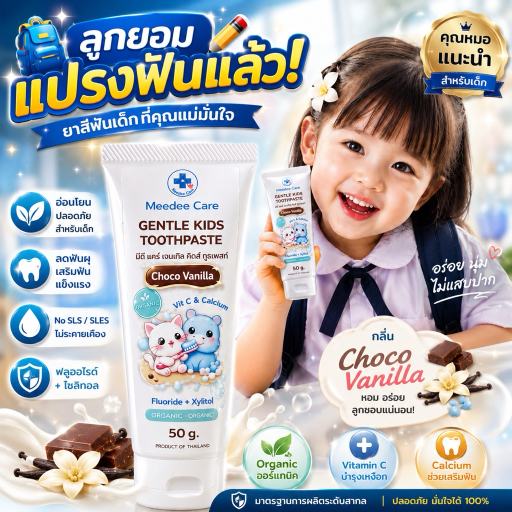 ยาสีฟันเด็ก มีดี แคร์ เจนเทิล คิดส์ ทูธเพสท์ 50gกลิ่น ChocoVanilla สูตรอ่อนโยนป้องกันฟันผุฟันแข็งแรง