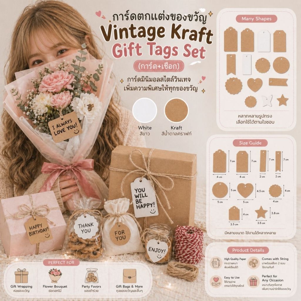 【5 ชิ้น】/【50 ชิ้น】* การ์ดตกแต่งของขวัญ Vintage Kraft Gift Tags Set (การ์ด+เชือก)