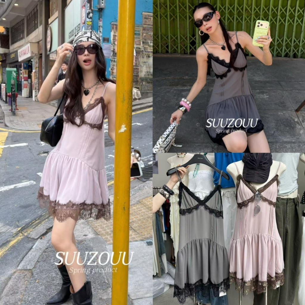 (พร้อมส่ง) เดรสสั้นสายเดี่ยวแต่งผ้าลูกไม้รุ่น 26Q179 TAG
