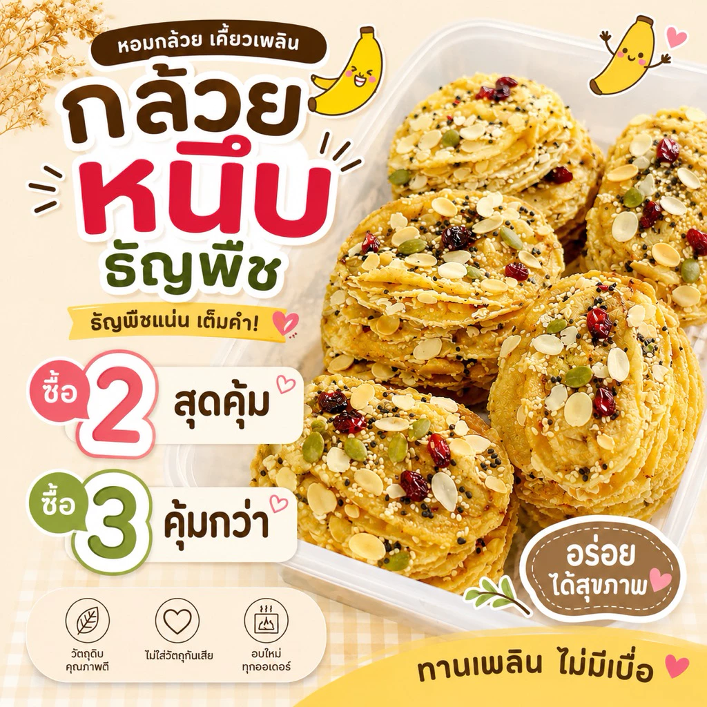 กล้วยหนึบ ธัญพืช ไม่ใส่น้ำตาล อบสดใหม่ กล้วยอบแห้ง ขนมคลีน มีหลายรสชาติ 120g