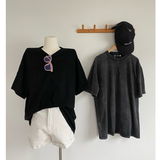 เสื้อยืดคอตตอนคอกลม(สีดำล้วน/สีดำฟอก฿