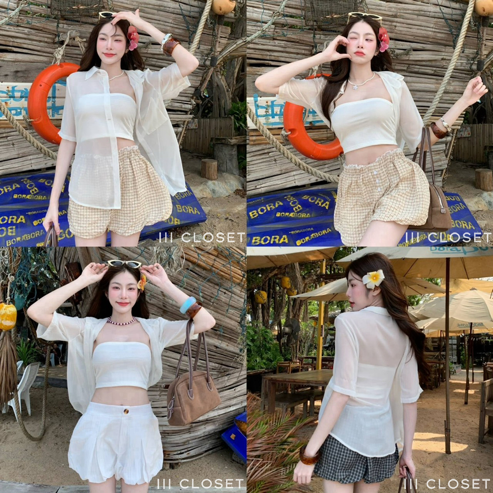 เสื้อเชิ้ต lll Freesize lll IT029  แขนสั้น มีกระเป๋าด้านหน้า ผ้าไหมอิตาลีอย่างดี ใส่สบาย ไม่ร้อน