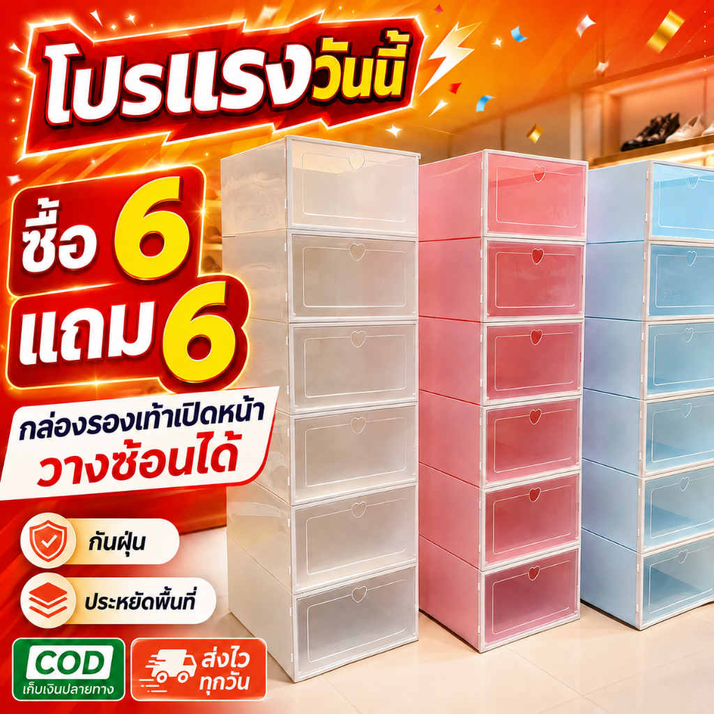กล่องใส่รองเท้า กล่องรองเท้าใส ชุด 12 ชิ้น พลาสติกหนา แข็งแรง กล่องเก็บรองเท้า DIY ชั้นวางรองเท้า กันฝุ่น พร้อมส่งจากไทย