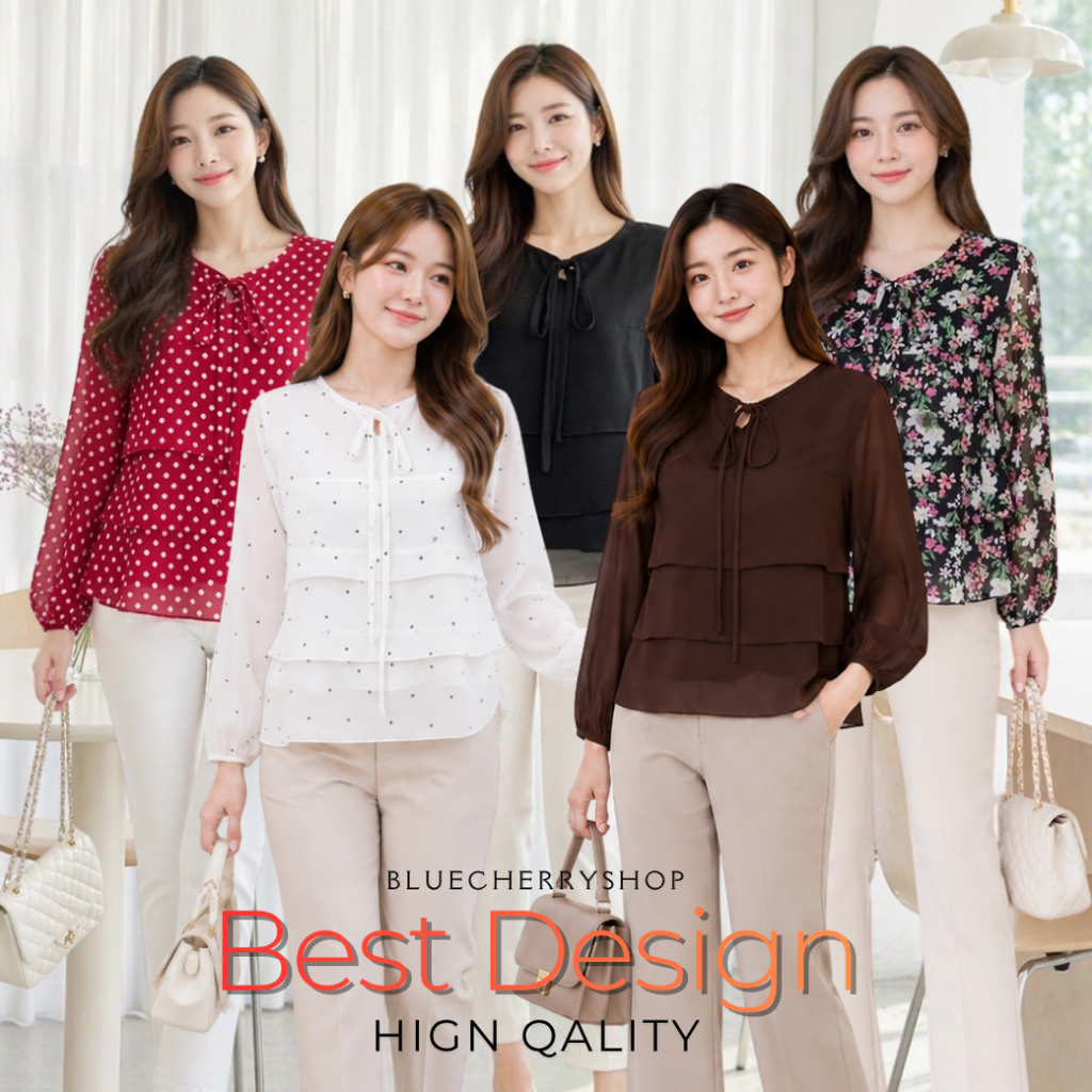 เสื้อชีฟองเนื้อทราย มีซับใน ขนมชั้น  สวยหมือนสั่งตัด มีไซส์รอบอก38-46 นิ้ว Brand Bluecherry แบรนด์คนไทย