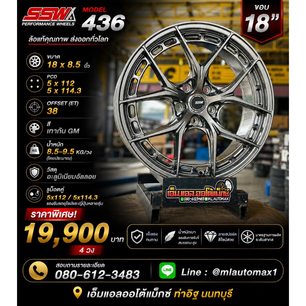 ล้อแม็กซ์ SSW MODEL 436 ขอบ18”  18x8.5  PCD : 5x112 / 5x114.3  OFFSET : ET38  สี : เทากัน GM