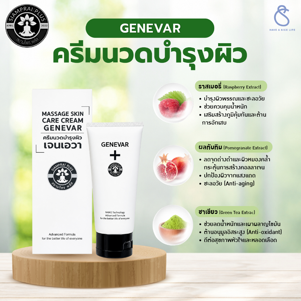 ครีมเจนเอวา (GENEVAR 1 หลอด)ครีมทาผิว สารสกัดจากชาเขียว ทับทิม ราสเบอรี่ 125g