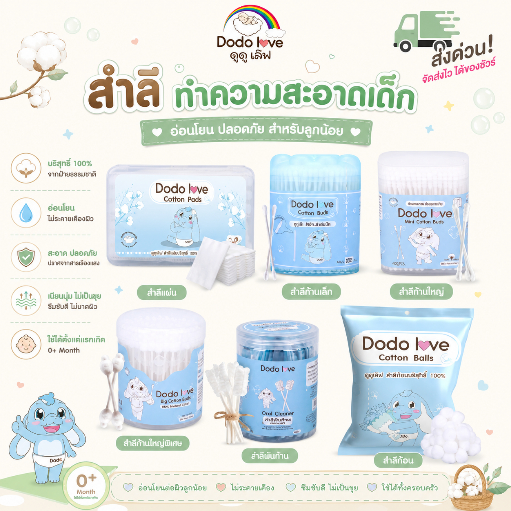 ส่งด่วน MommyKids x DoDolove ผ้าก๊อซเช็ดลิ้น สำลีก้านกระดาษหัวเล็ก สำลีแผ่น/ก้อน แคะหู เกรดพรีเมียม สะอาด ปลอดภัย
