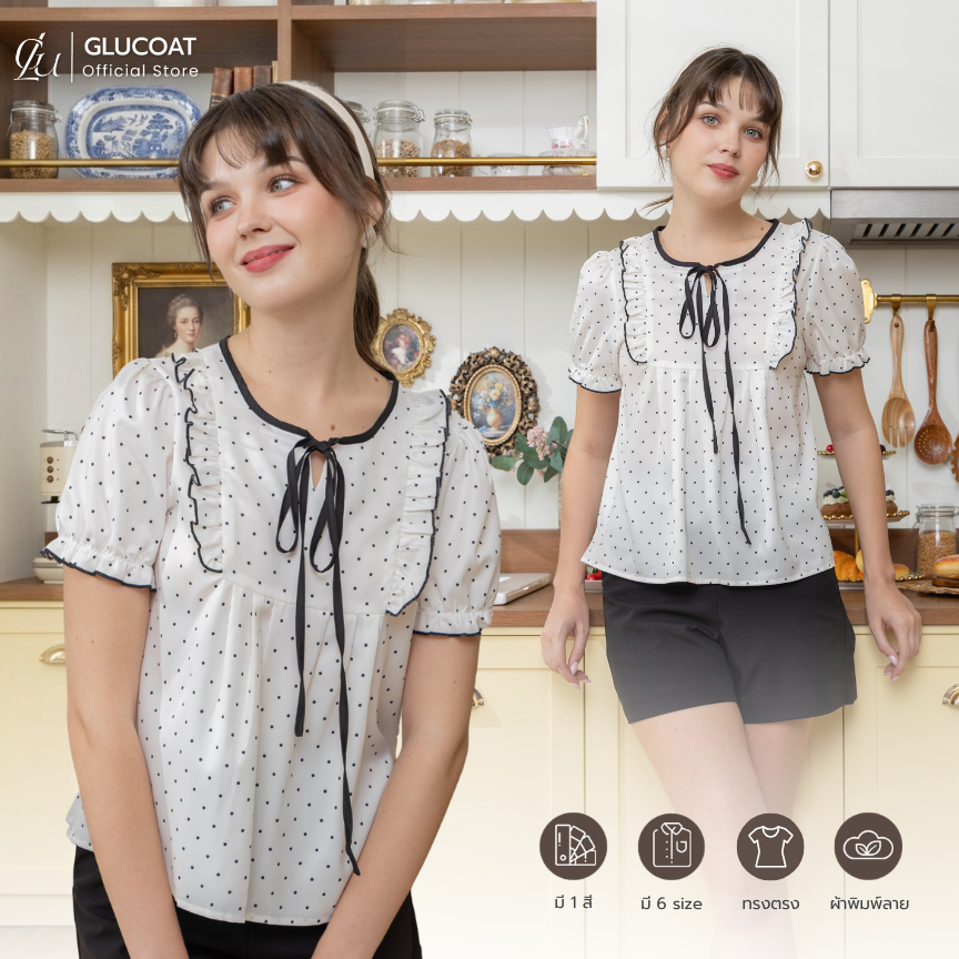 Glucoat | [A295] เสื้อแขนสั้นลายจุด คอกลมมีโบว์ผูกด้านหน้า ปลายแขนจั๊ม แต่งระบายช่วงอก