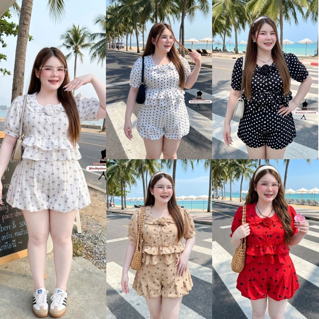 เซ็ตลายจุดสาวอวบ เสื้อชายระบาย+กางเกงขาสั้น+กุหลาบ ทรงสวยโดนใจมาก ใส่ได้ทุกงาน