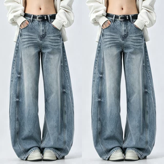 ทรงบาเรล กางเกงยีนส์ สไตล์เกาหลี แนววินเทจ เท้ากว้าง สวยๆเก๋ๆ Clothing Jean Lady ผู้หญิง