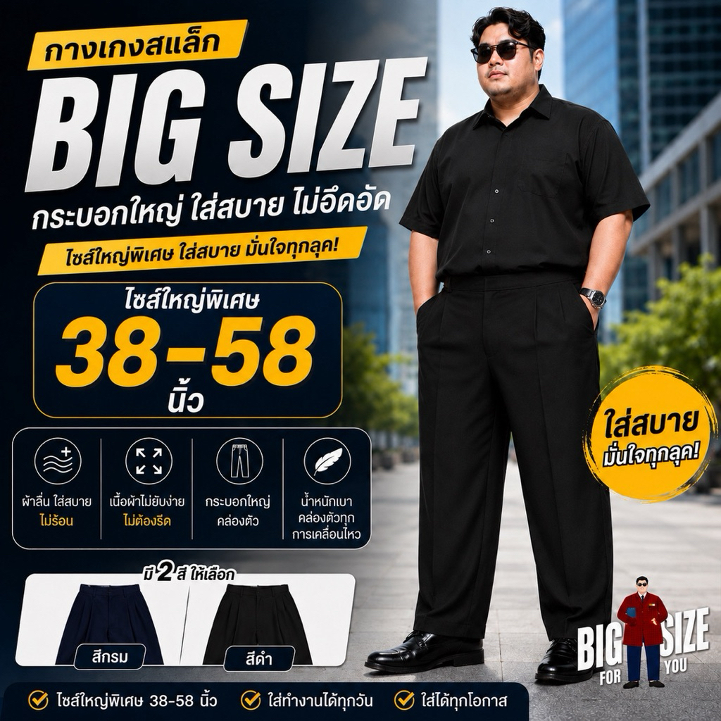 กางเกงสแล็ก กางเกงใส่ทำงาน ไซส์ใหญ่ Big size รอบเอว 38-58 นิ้วผ้ามัน ลื่นๆสวมใส่สบาย