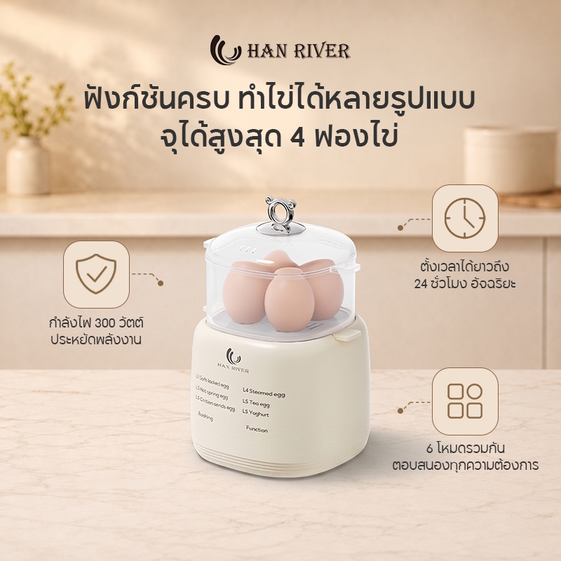 เครื่องต้มไข่ไฟฟ้า หม้อต้มไข่ 6 โหมด ต้มไข่ได้ 8 ฟองในครั้งเดียว พร้อมถ้วยนึ่ง ตะแกรง รับประกัน 1 ปี