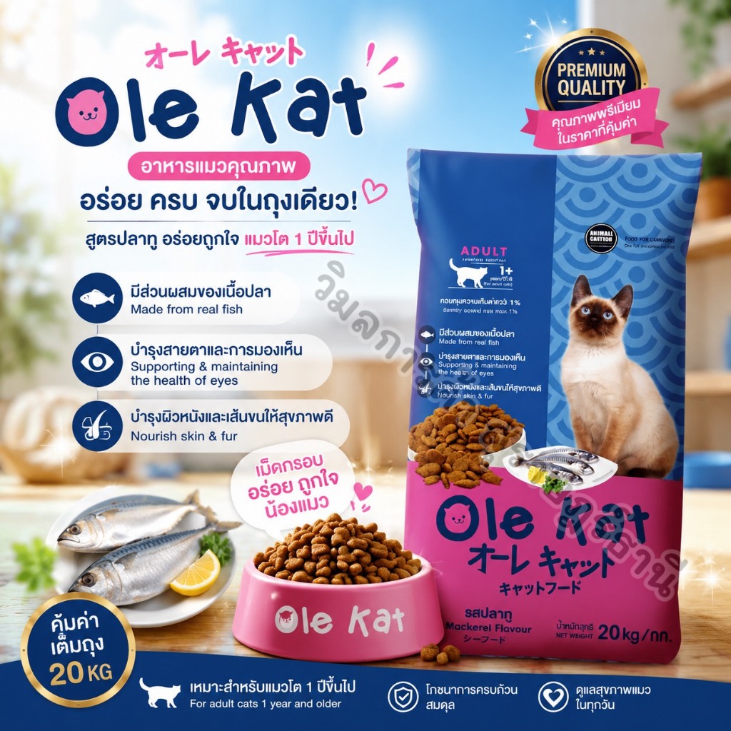Ole​ ​Kat อาหารแมวโอเล่แคท อาหารเม็ด  แมวอายุ 1 ปีขึ้นไป ขนาด 20 กิโลกรัม (ยกกระสอบ)